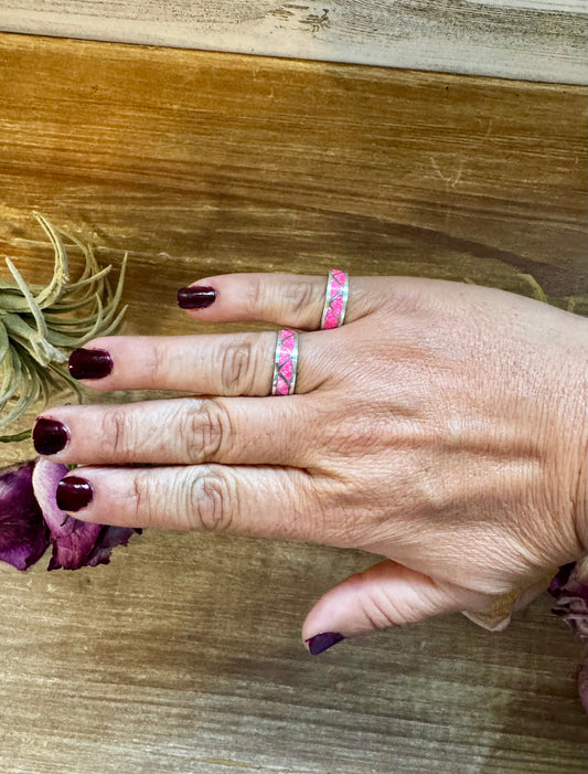 Pink Opal Inlay Band Ring – Sterling Silver  – Sizes 6.5 & 7.5