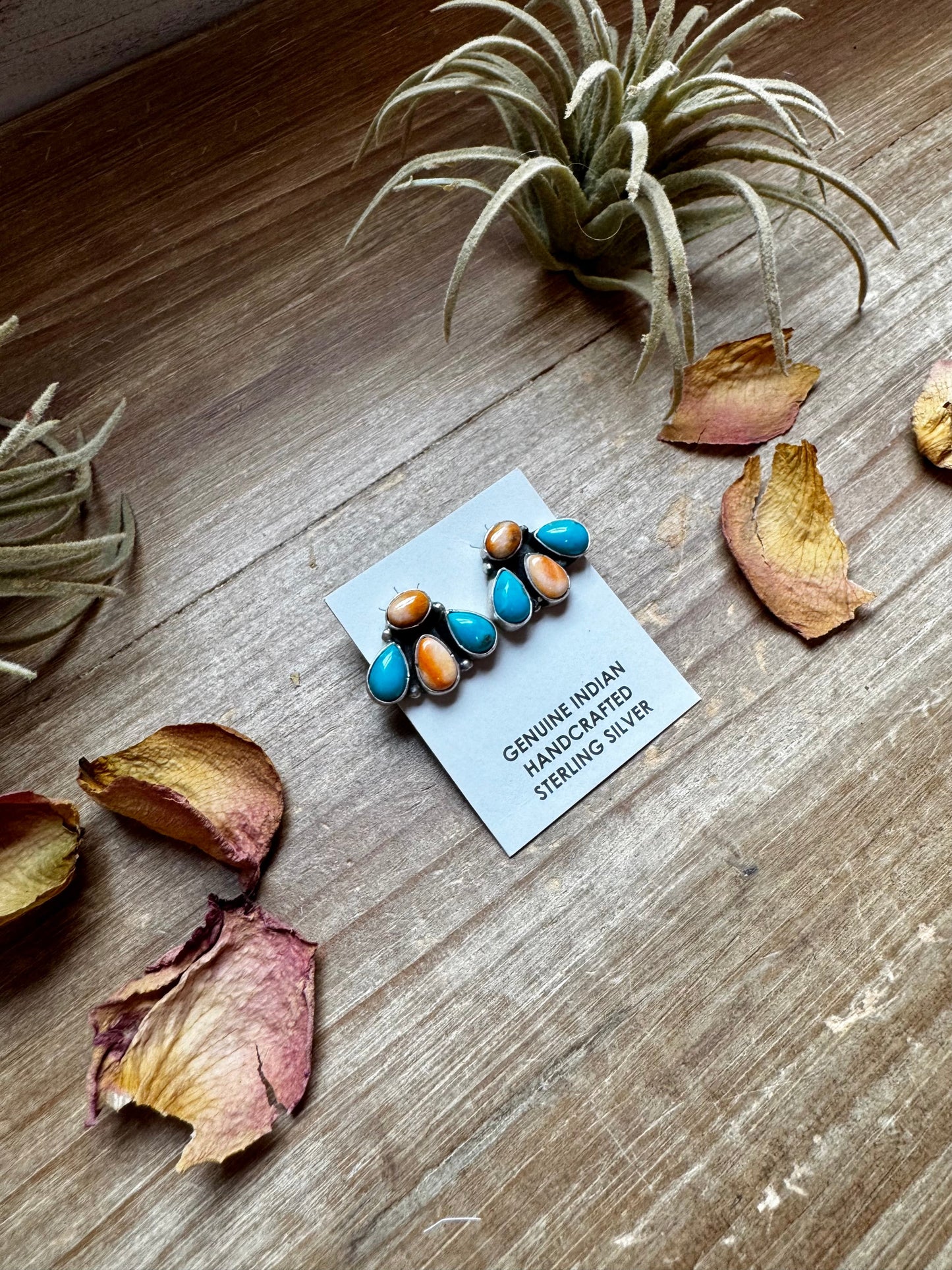 Stud Earrings – Orange Spiny & Turquoise (Stamped Marcella James)