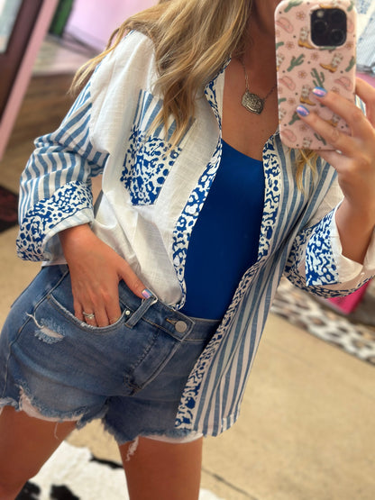 Blue Leopard Button Down