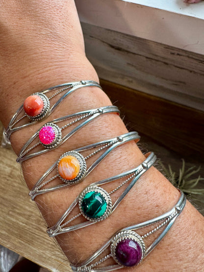 Multistone Cuff Bracelet – Malachite, Spiny Oyster, or Pink Opal – Sterling Silver - pick yours