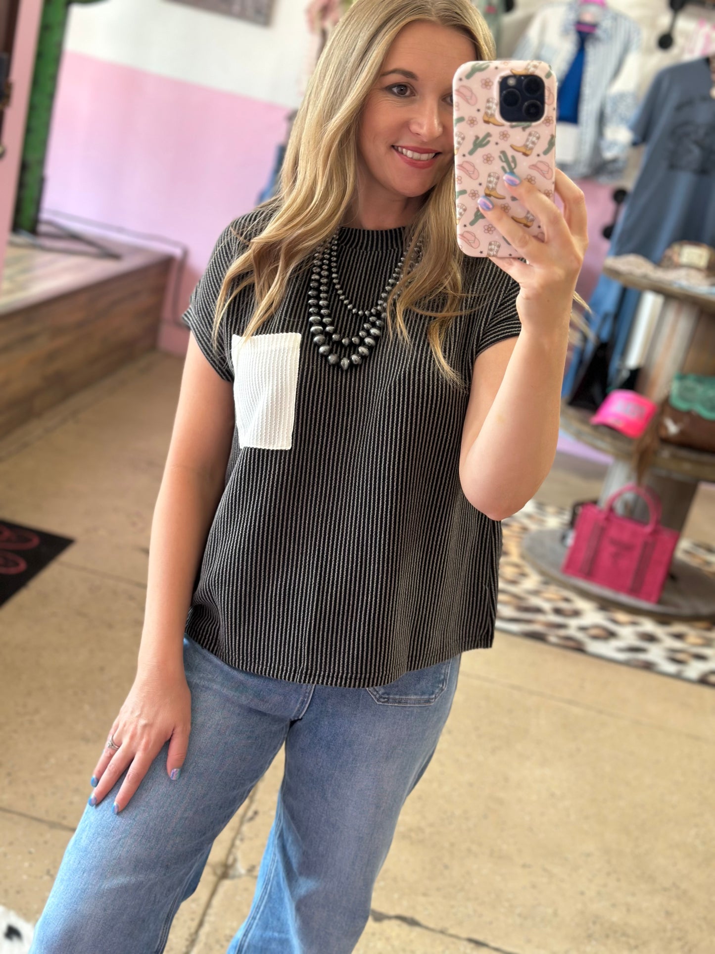 Black Ribbed Pocket Shirt