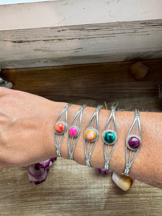 Multistone Cuff Bracelet – Malachite, Spiny Oyster, or Pink Opal – Sterling Silver - pick yours