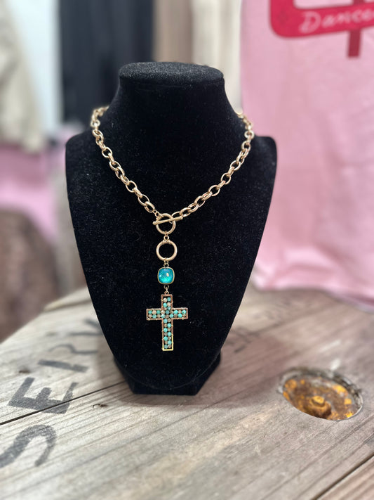 Gold & Turquoise Cross Necklace