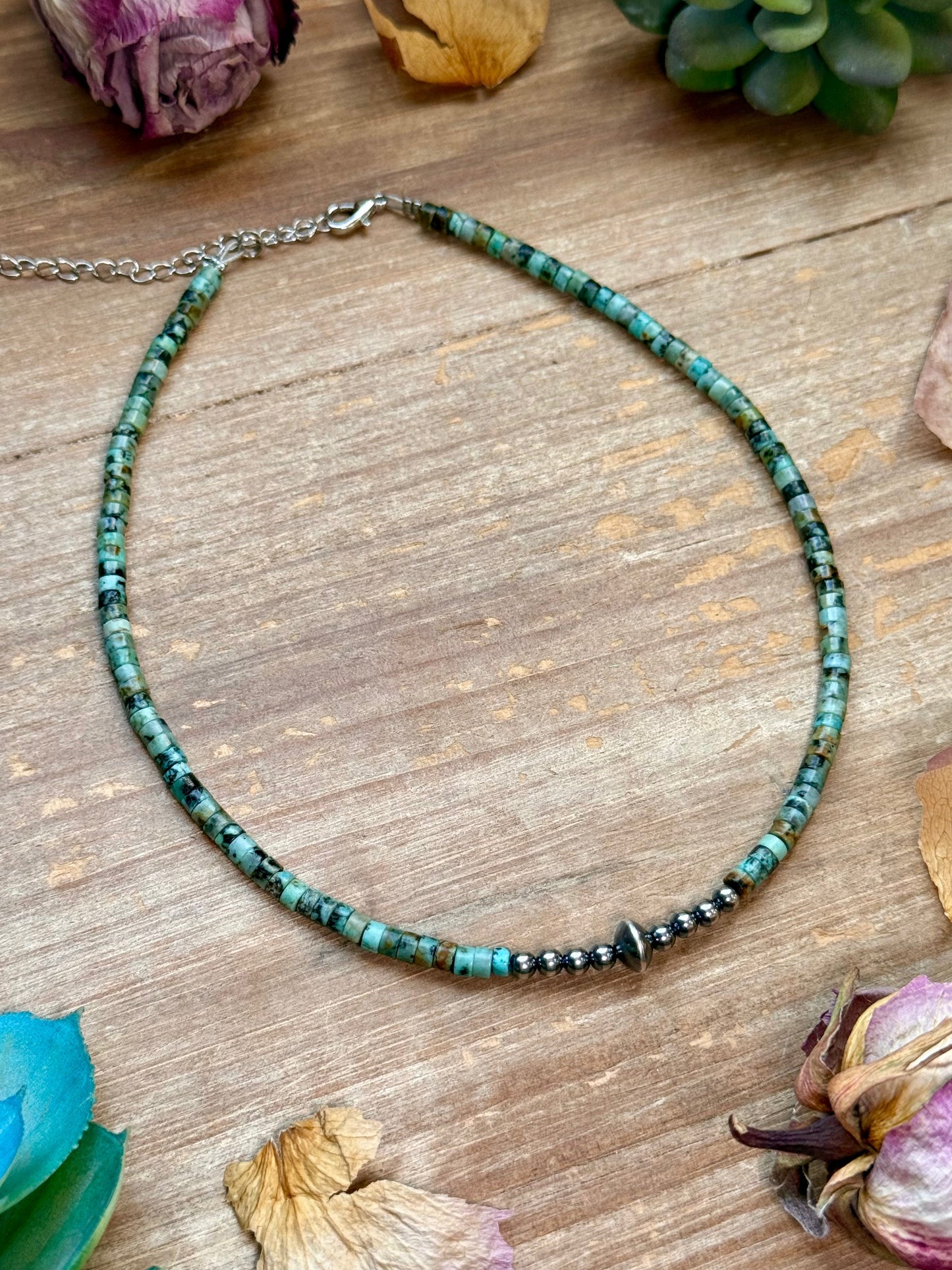 African Turquoise Heishi & Sterling Silver Pearl Necklace