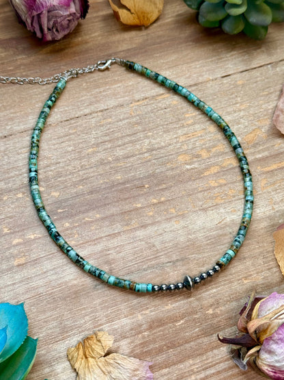 African Turquoise Heishi & Sterling Silver Pearl Necklace