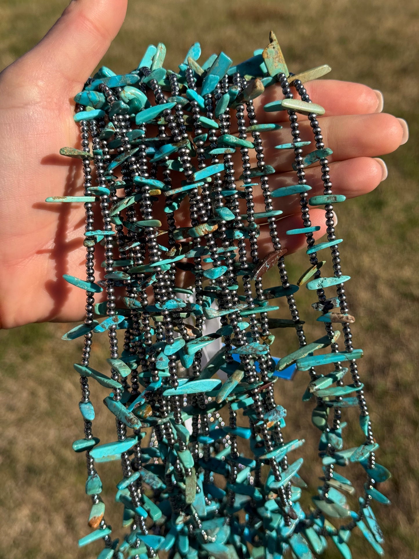 Sterling Silver Pearl & Long Blue Turquoise Necklace – 25”