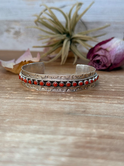Red Coral Sterling Silver Cuff Bracelet – Stamped JPukestine