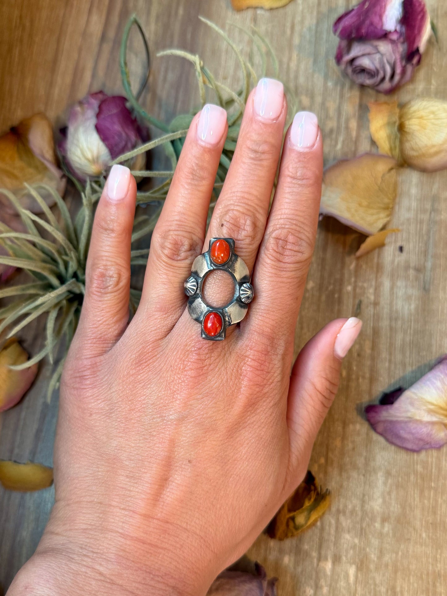 Red Coral Sterling Silver Ring – Size 10 – Native Made by Chimney Butte