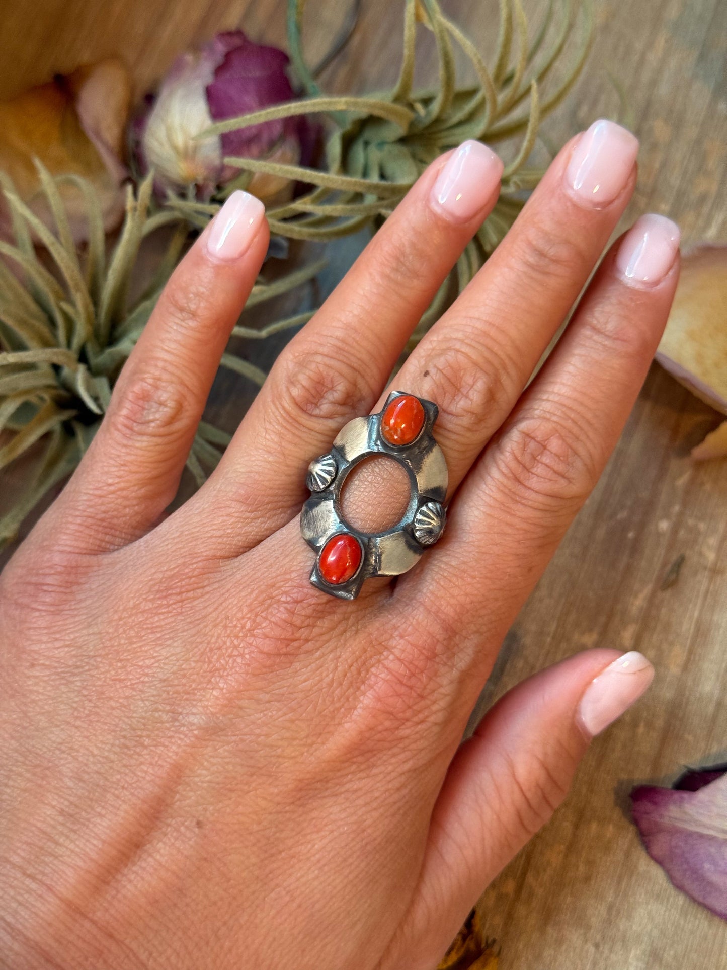 Red Coral Sterling Silver Ring – Size 10 – Native Made by Chimney Butte