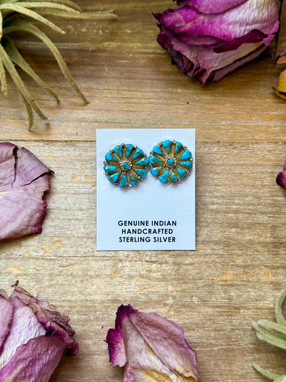 Sterling Silver Magnetite Turquoise Cluster Stud Earrings – Handmade in USA