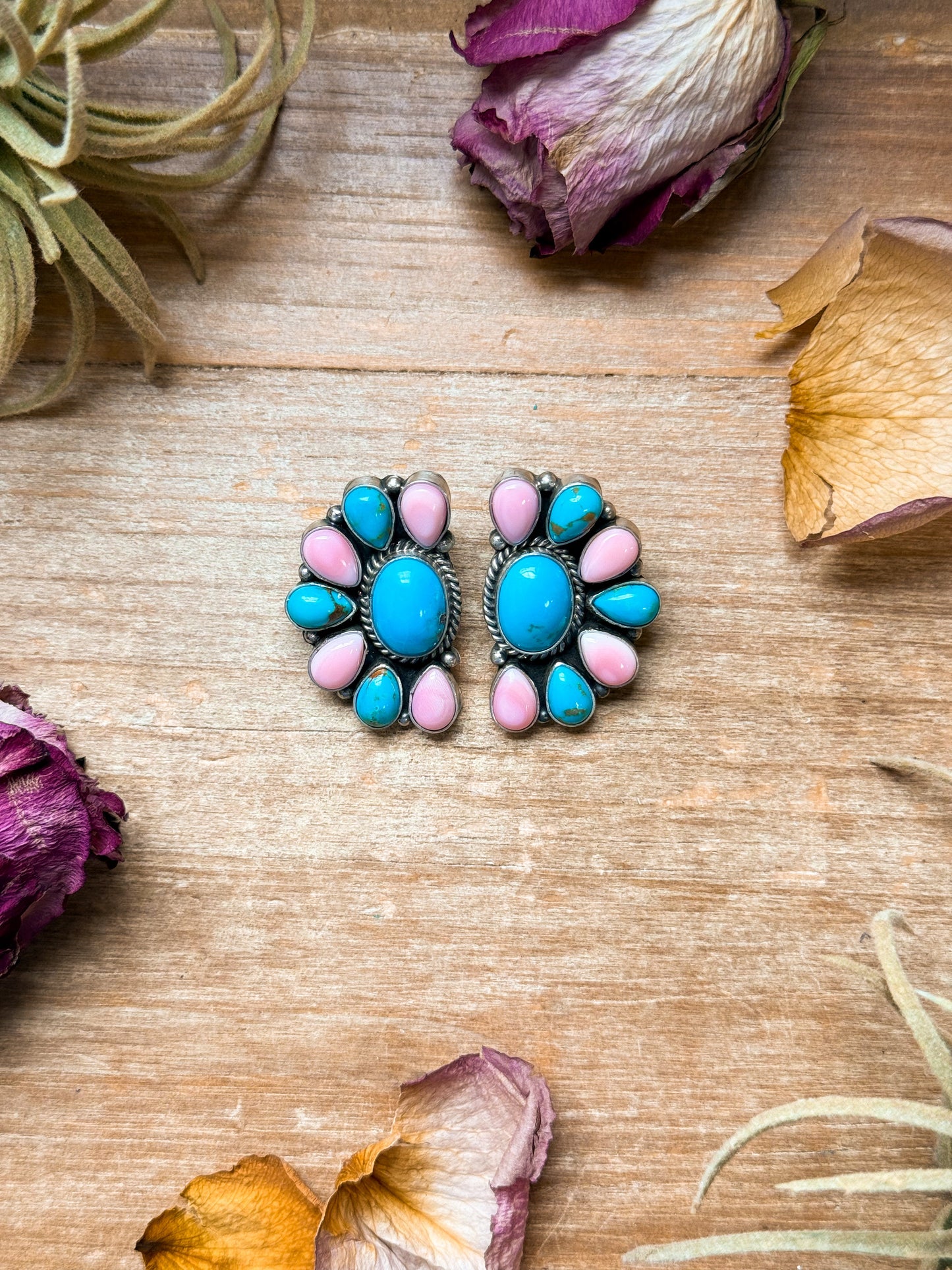 Sterling Silver Pink Conch & Kingman Turquoise Half Cluster Earrings – Native Made by E. Richards (Navajo Artist)