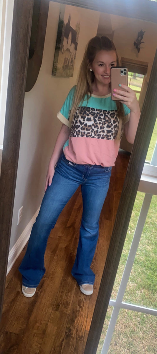 Pink & Blue Leopard Colorblock Shirt